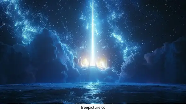 Fantasy night sky with bright shining light and clouds