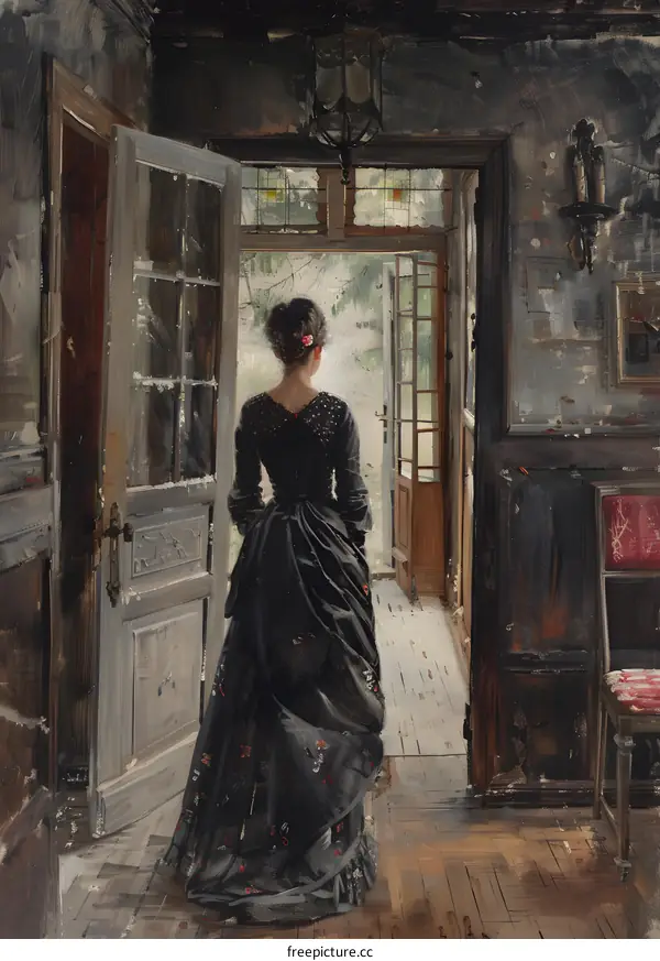 elegant woman in evening dress standing in the parlor