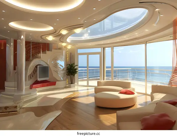 Modern Living Room with Ocean View and Curved Ceiling Design