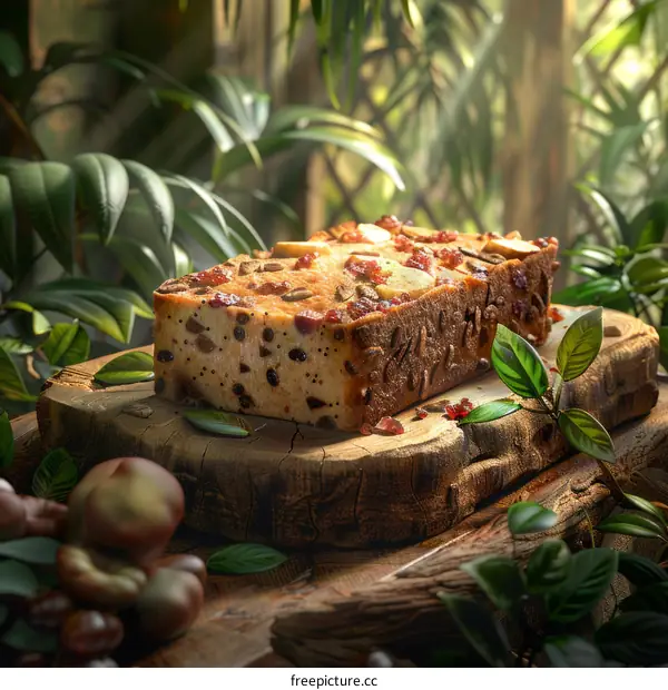 Close up of a delicious looking nutty cake on a table