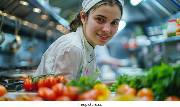 Professional Female Chef Cooking in Commercial Kitchen