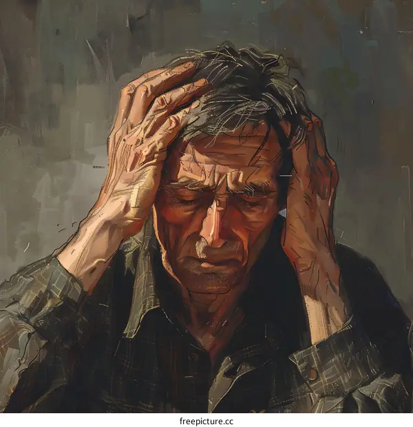 Portrait of an old man with hands on head