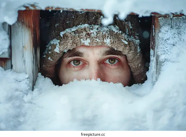 Man Peeking Through Snow Covered Window
