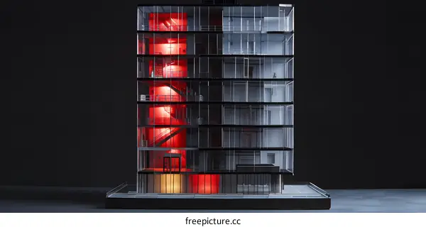 Modern Transparent Building Model with Red and Yellow Lights