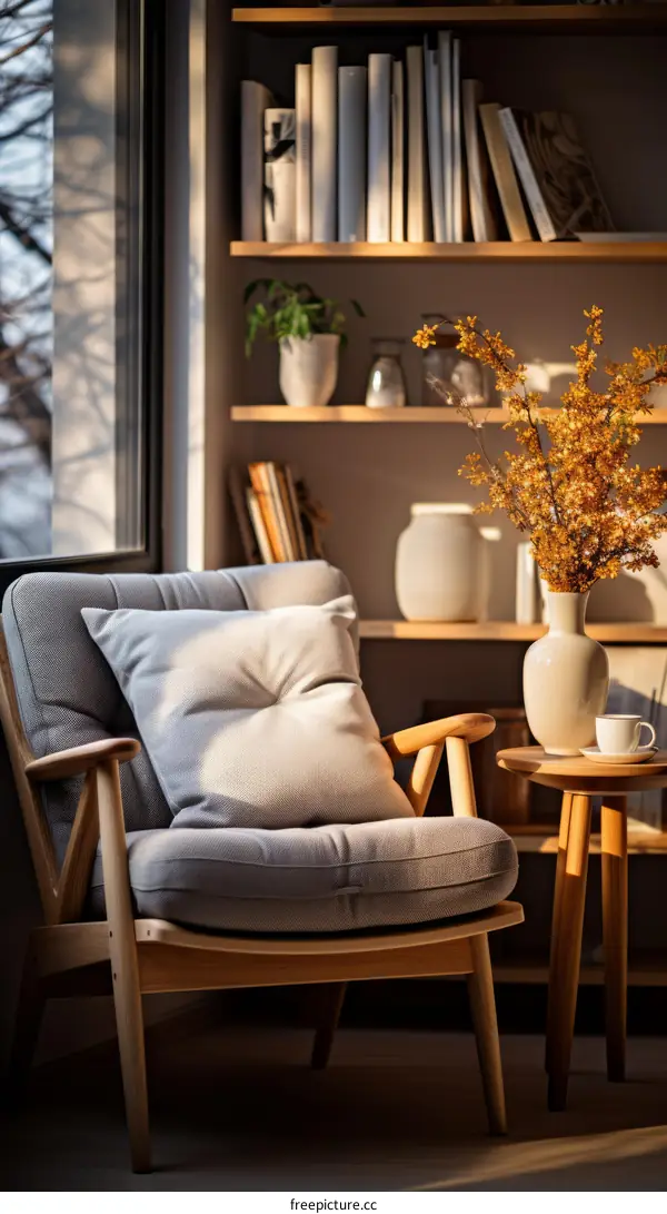 A Cozy Living Room with Armchair, Bookshelf, Flowers, and Table