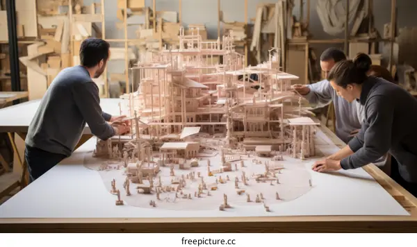 Two men building an intricate wooden model of a city