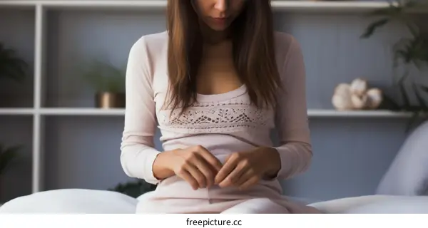 A young woman sitting on a bed looking at her hands
