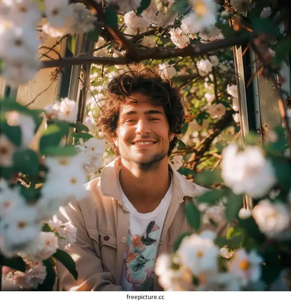 Curly-haired man standing in a garden full of white flowers