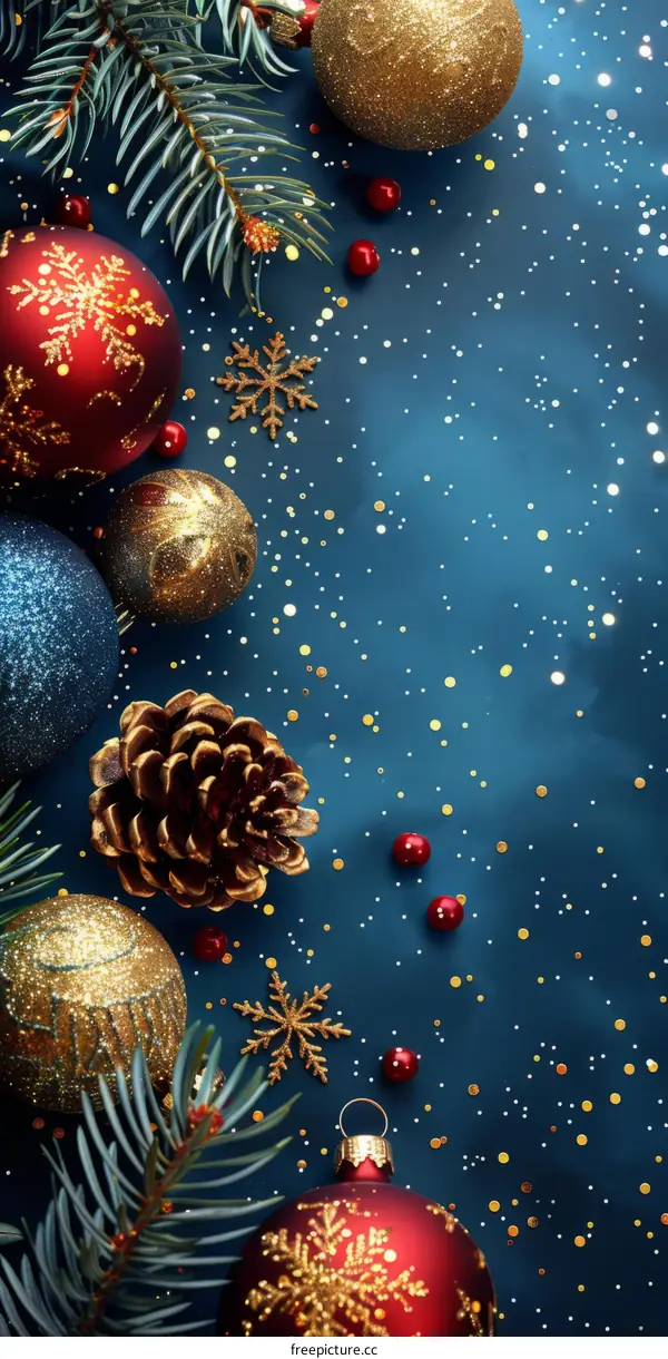 Christmas background with red and golden ornaments
