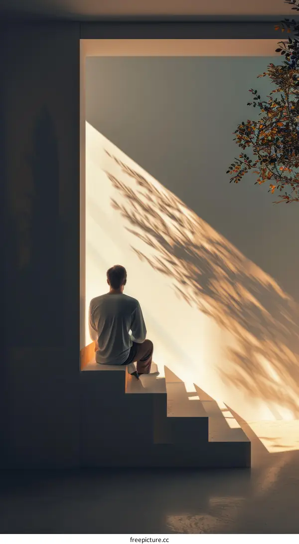 A solitary man sitting on bright stairs bathed in sunlight