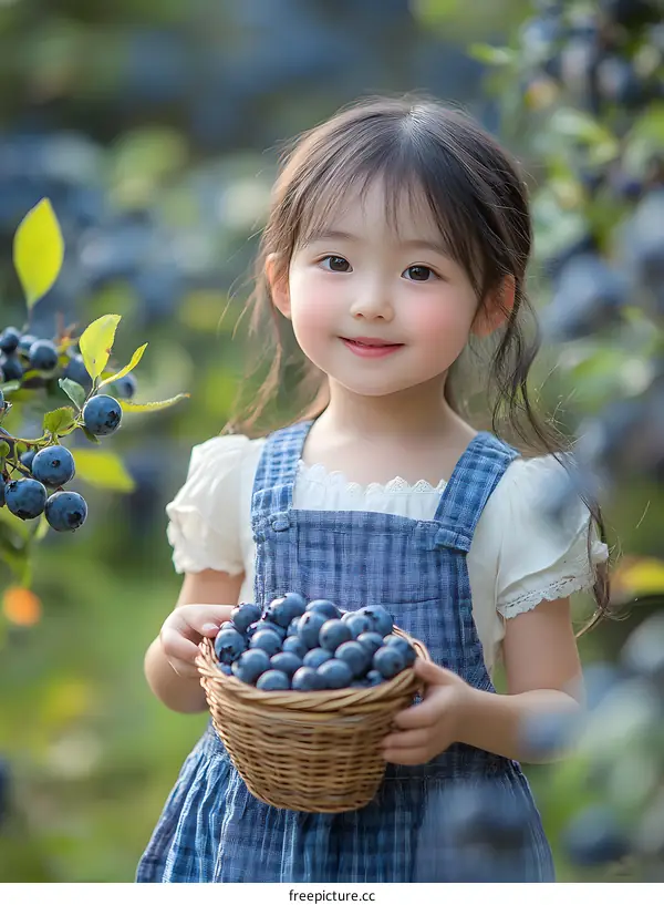 Cute Little Girl Picking Blueberries In A Basket