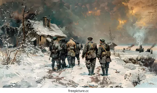 A group of soldiers walking through a snowy village during wartime