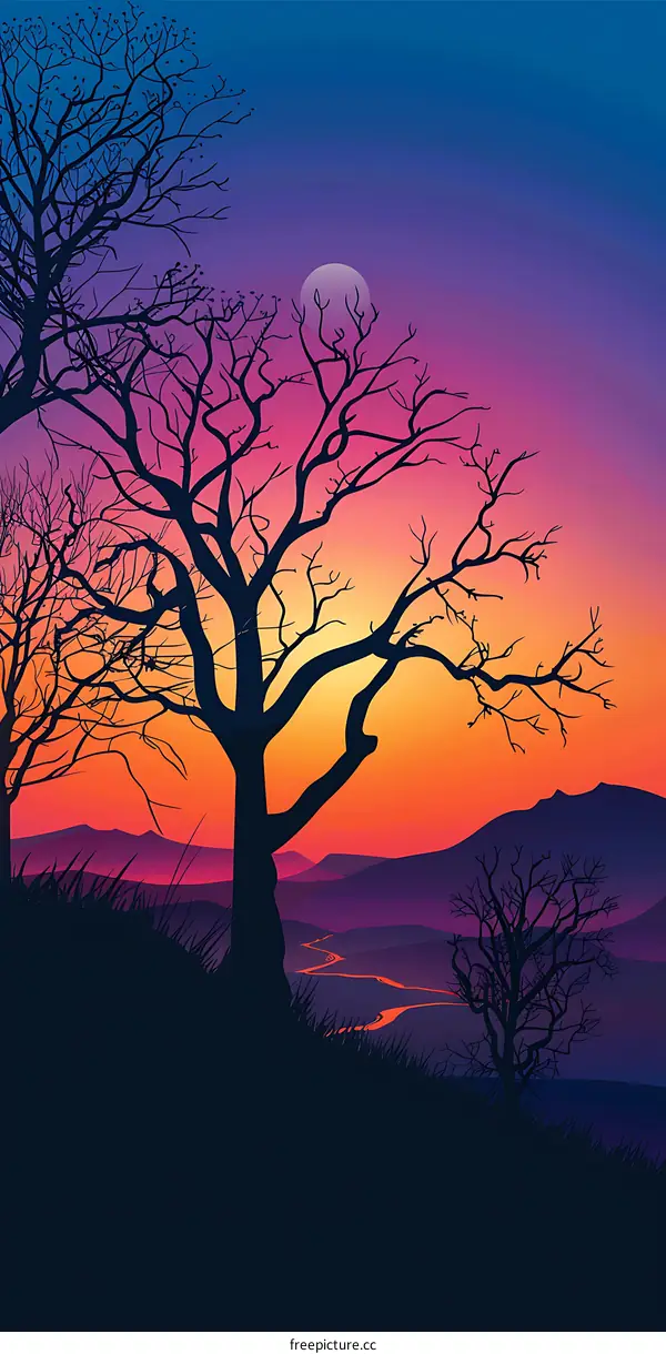 Silhouette of Trees and Hills with Colorful Sunset Sky