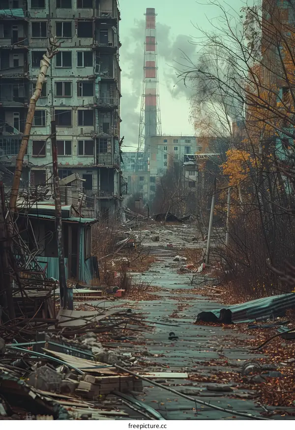Ruins of a city street with abandoned buildings and overgrown vegetation