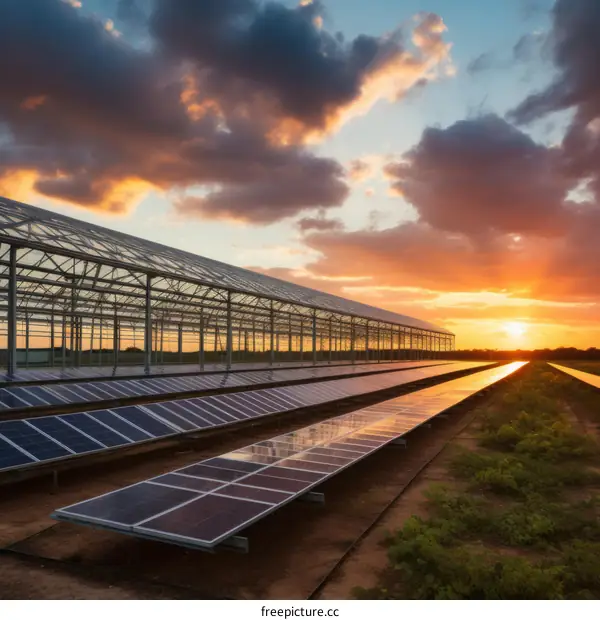 A large solar farm with a beautiful sunset in the background