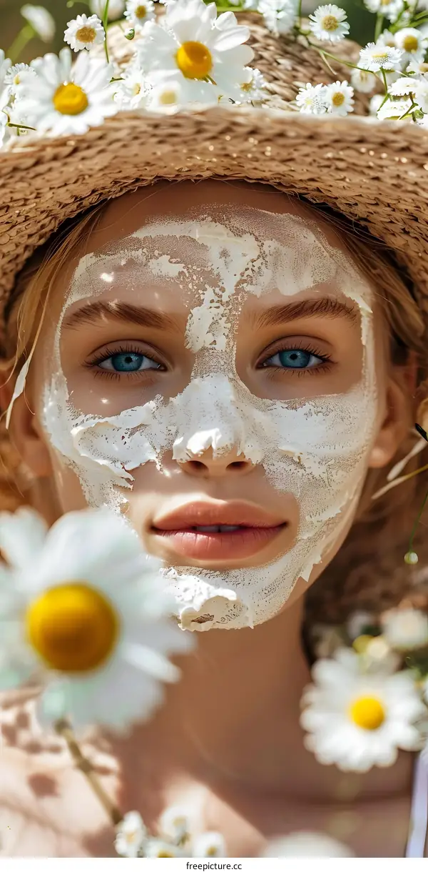 Young woman with a white flower in her hair and a white cream on her face