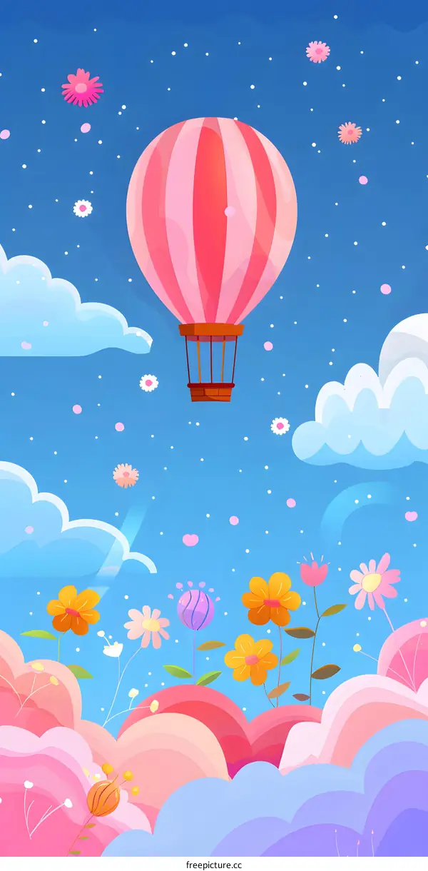 Cute Cartoon Hot Air Balloon Flying Over Colorful Clouds