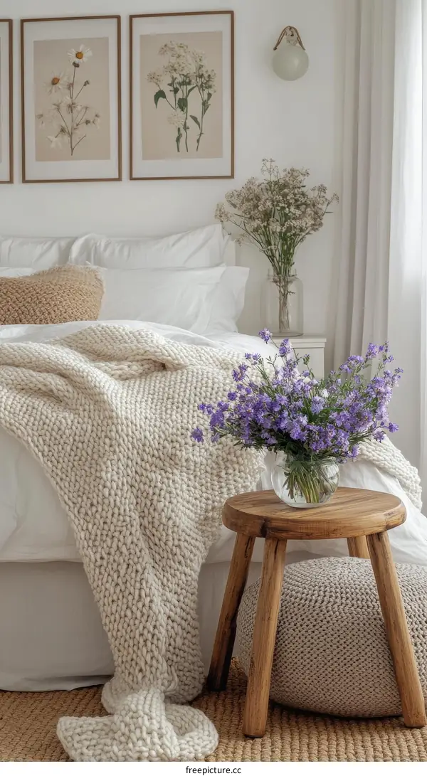 Cozy Bedroom with Floral Prints and Knitted Throw