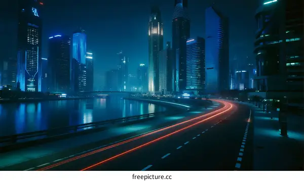 Nighttime Urban Road with Illuminated Skyscrapers and Light Trails
