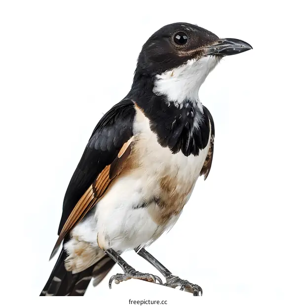 Close Up Photo Of A Black And White Bird With Orange Feathers On Its Wings