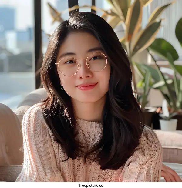 Asian Woman Wearing Glasses and a Pink Sweater