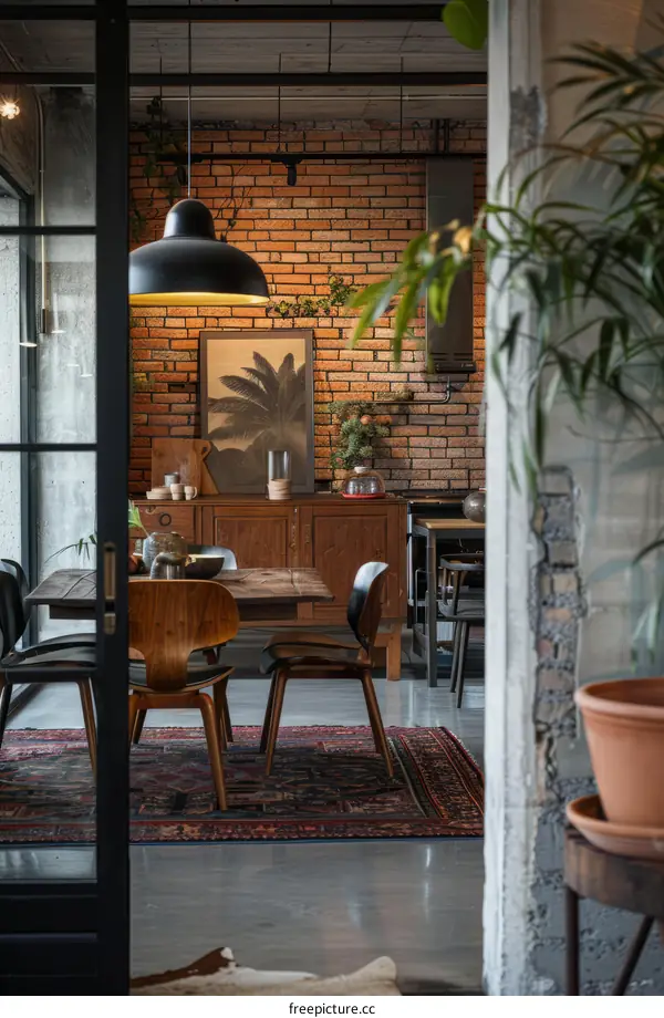 industrial style dining room with brick walls and wooden furniture