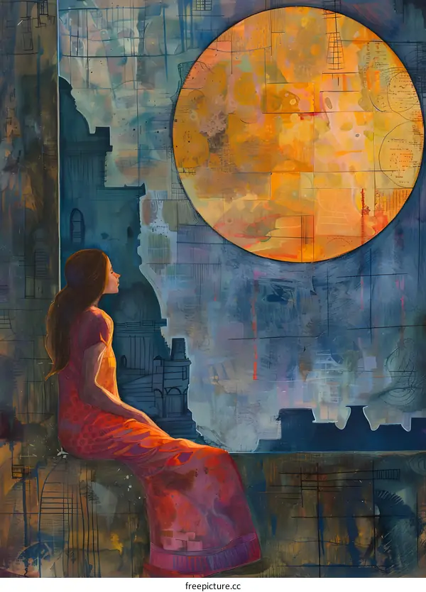 A lady in red dress looking at the moon