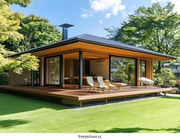 Modern Japanese Home With Wooden Deck and Sliding Glass Doors