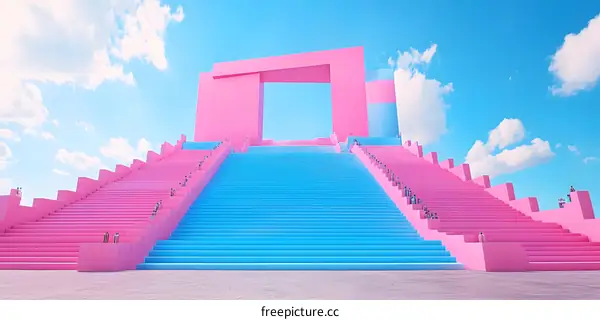 Pink and Blue Staircase Leading to a Large Pink Archway Under a Blue Sky