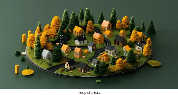 3D Illustration of a Small Village with Houses and Trees