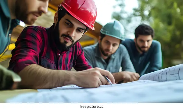 Construction Workers Review Blueprint in the Outdoor
