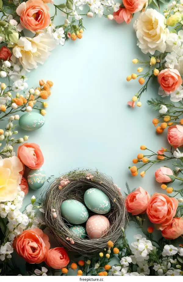Easter Eggs in a Nest Surrounded by Flowers