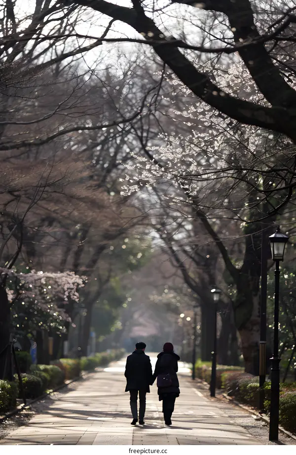 Couple Walking Through Cherry Blossom Trees in Japan