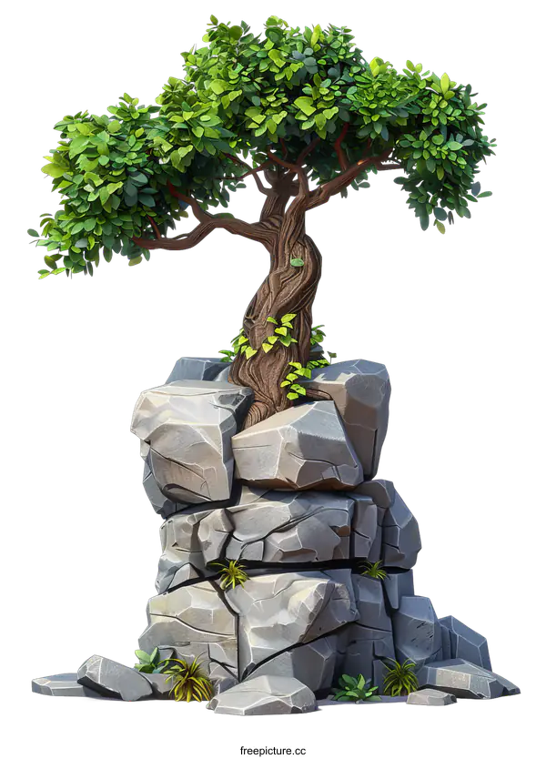 [Transparent Background PNG]A cartoon tree on the rock