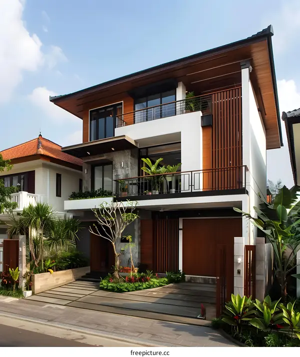 Modern Two Story House with Balconies and Garden
