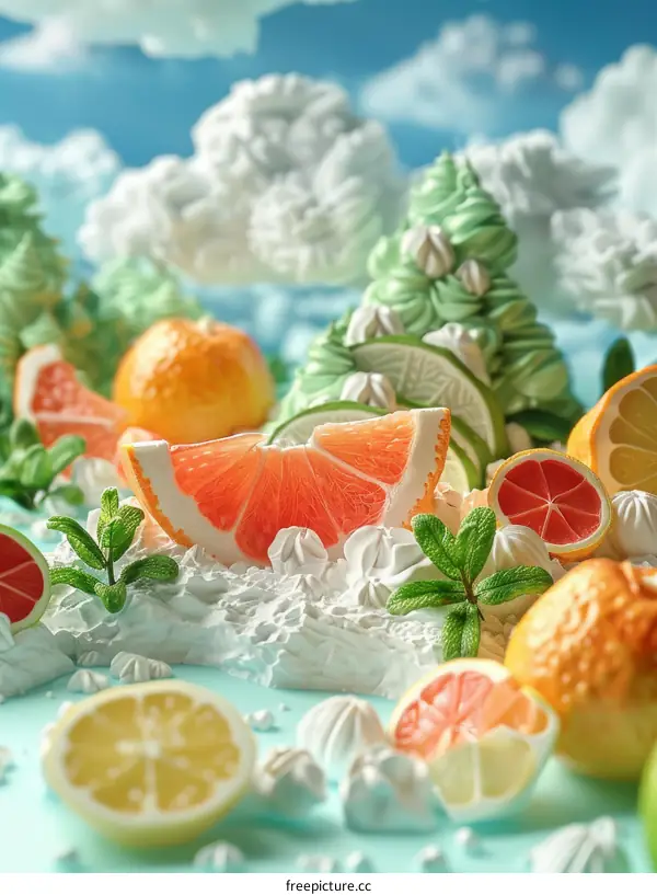 Close-up of a variety of citrus fruits and greenery