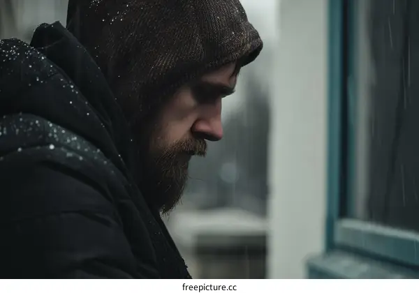 Man looking out the window on a rainy day