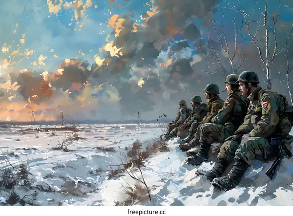 A group of soldiers overlook a snowy battlefield