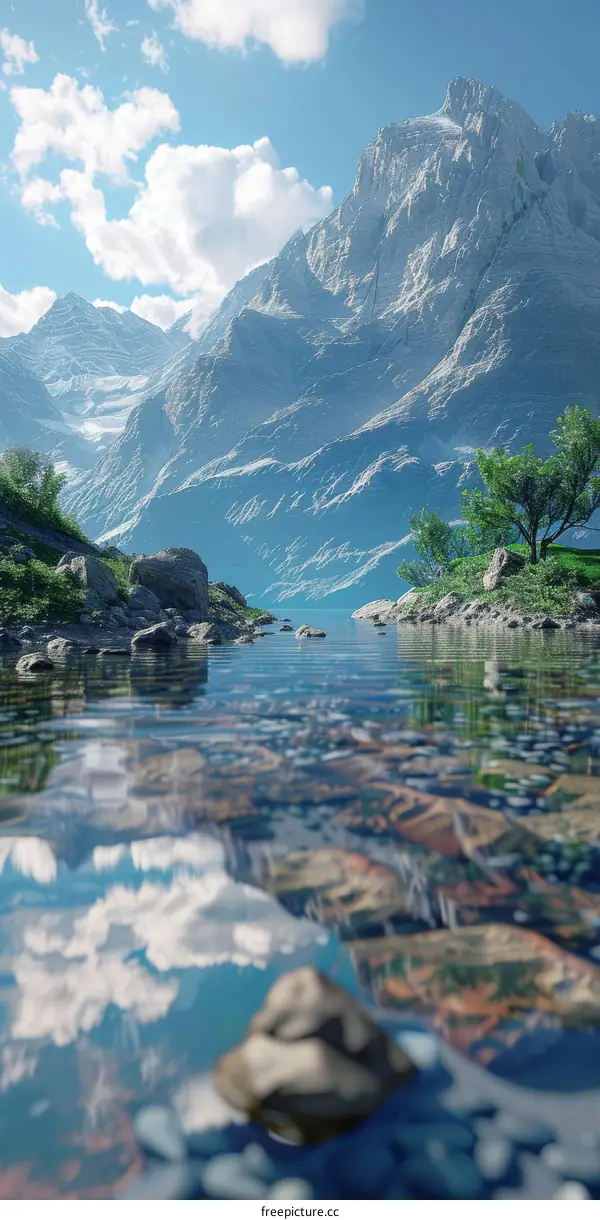 Mountain Lake Landscape with Crystal Clear Water and Snow-Capped Peaks