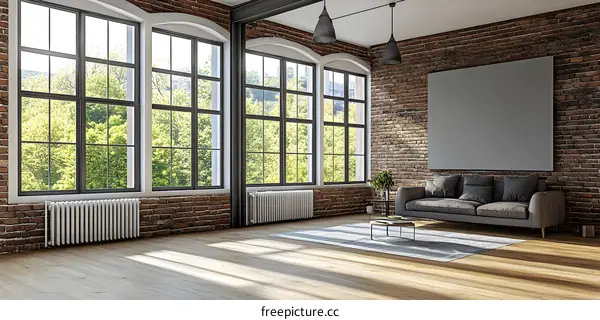Modern Loft Interior Design with Exposed Brick Wall and Large Windows