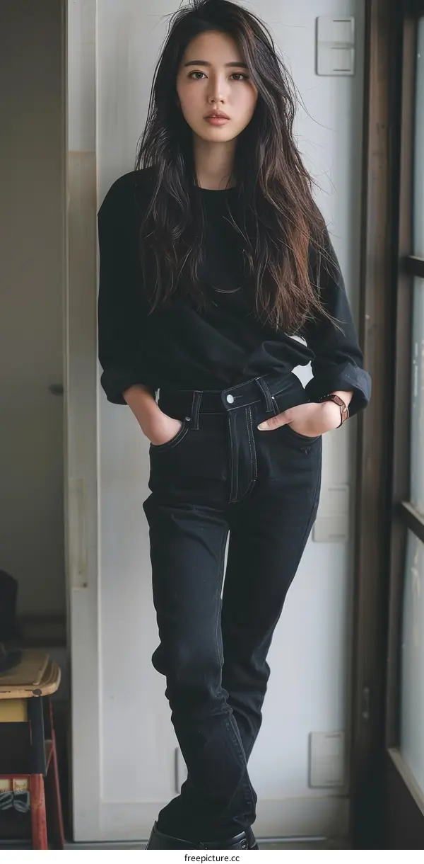 A beautiful Asian woman standing in front of a door