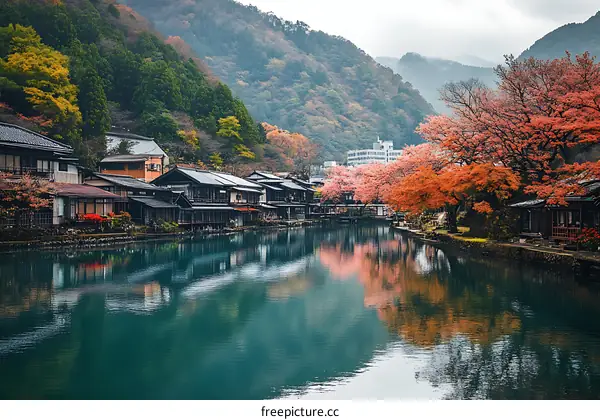 Scenic View of a River in Japan with Cherry Blossoms
