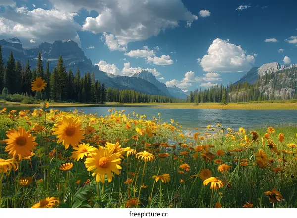 Wildflowers and Mountains by a Serene Lake in National Park