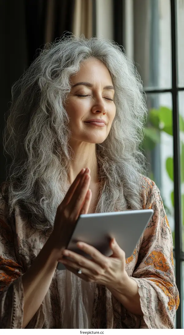 Peaceful Senior Woman Using Tablet by Window