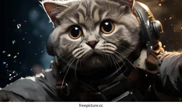 A cute cat wearing a spacesuit and headphones