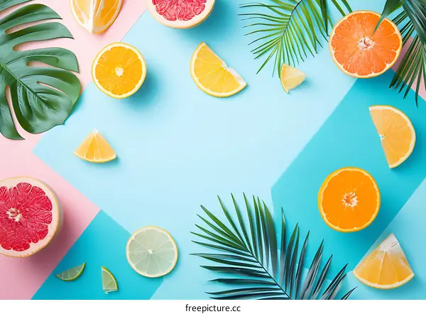 Summer Fruits Flat Lay with Palm Leaves on Blue and Pink Background