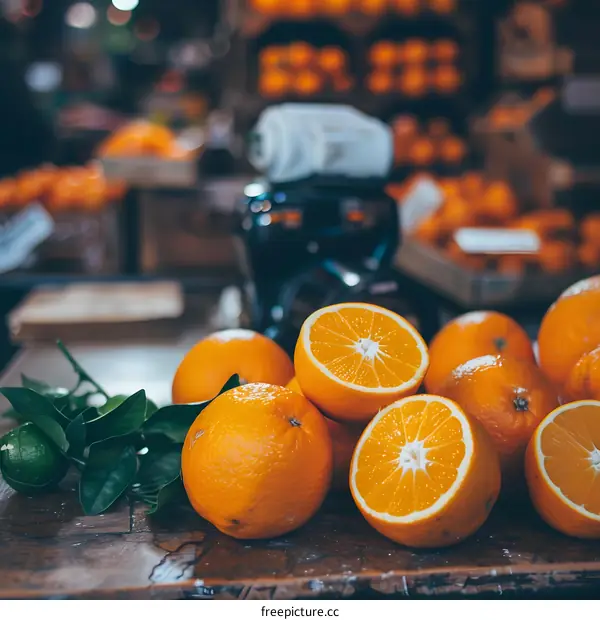 Fresh Oranges on Wooden Table in Market