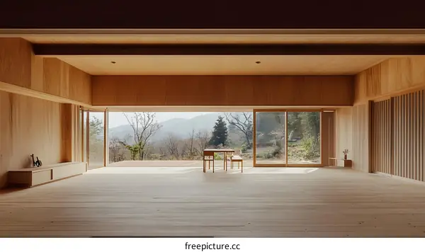 Minimalist Japanese Home Interior With View Of Mountains And Forest