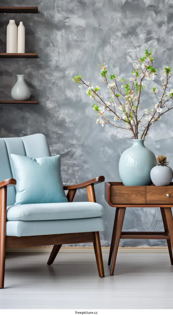 Retro gray living room with blue armchair and vase of flowers