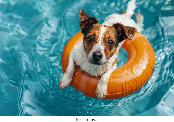 A cute brown and white dog in an orange float relaxing in a swimming pool